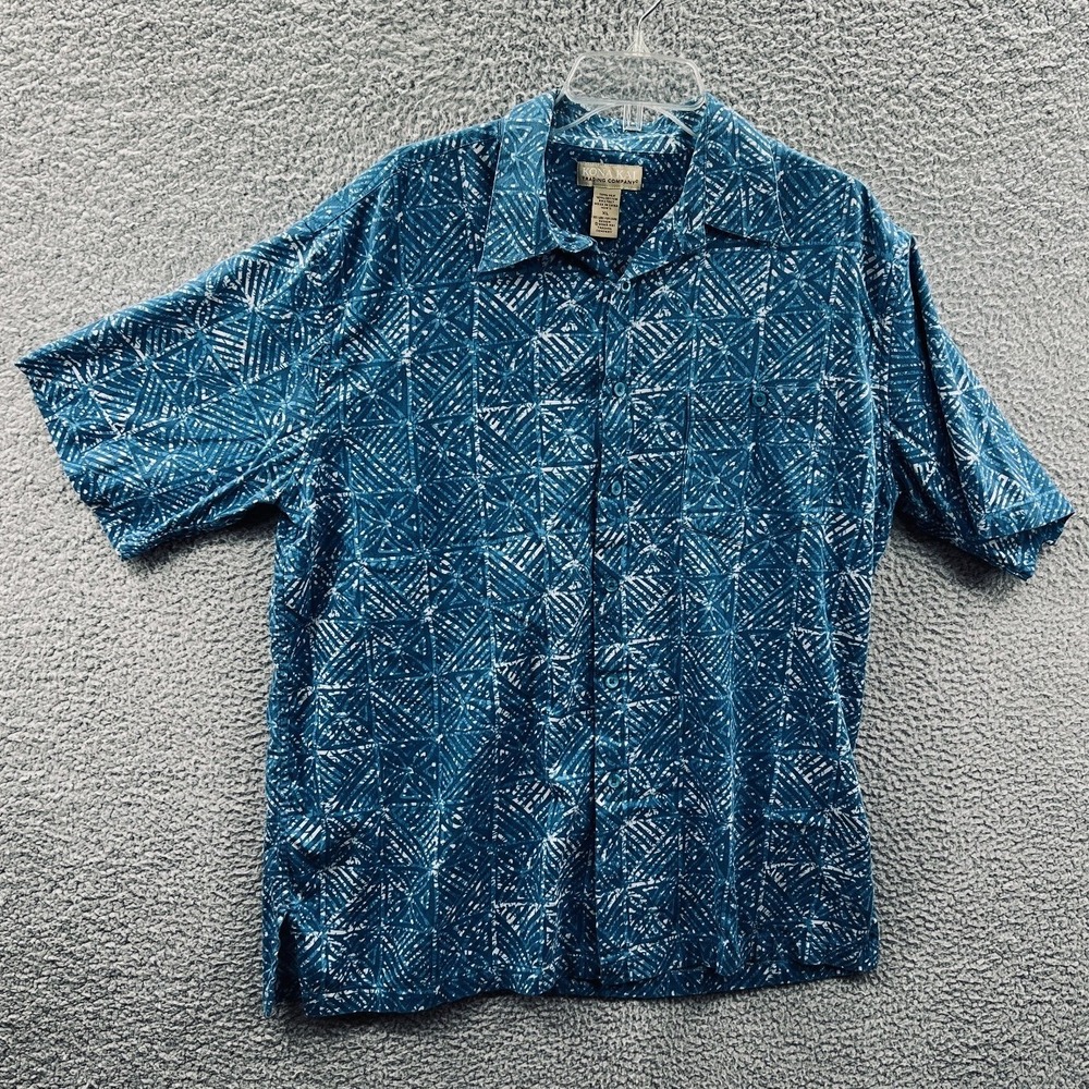 Mens Silk Cotton‎ Hawaiian Camp Shirt XL Blue Tropical Geometric Relaxed Resort